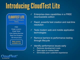 Introducing CloudTest Lite                                   



                           ü  Enterprise-class capabilities in a FREE
 CLOUDTEST LITE                downloadable edition
 Continuous Performance
         Testing
                           ü  Rapid, powerful test creation and real-time
                               resolution
          FREE
     Single Location
      Single Tester
                           ü  Tests modern web and mobile application
  Core Testing Services
       technologies
   Real-Time Analytics
    100 Virtual Users
     ü  Remove barriers to performance testing
            
     Beta version
                               through lifecycle
     available now

                           ü  Identify performance issues early
                             §    Reduces development costs
                             §    Gets apps to market faster
                             §    Eliminates poor customer experience
 