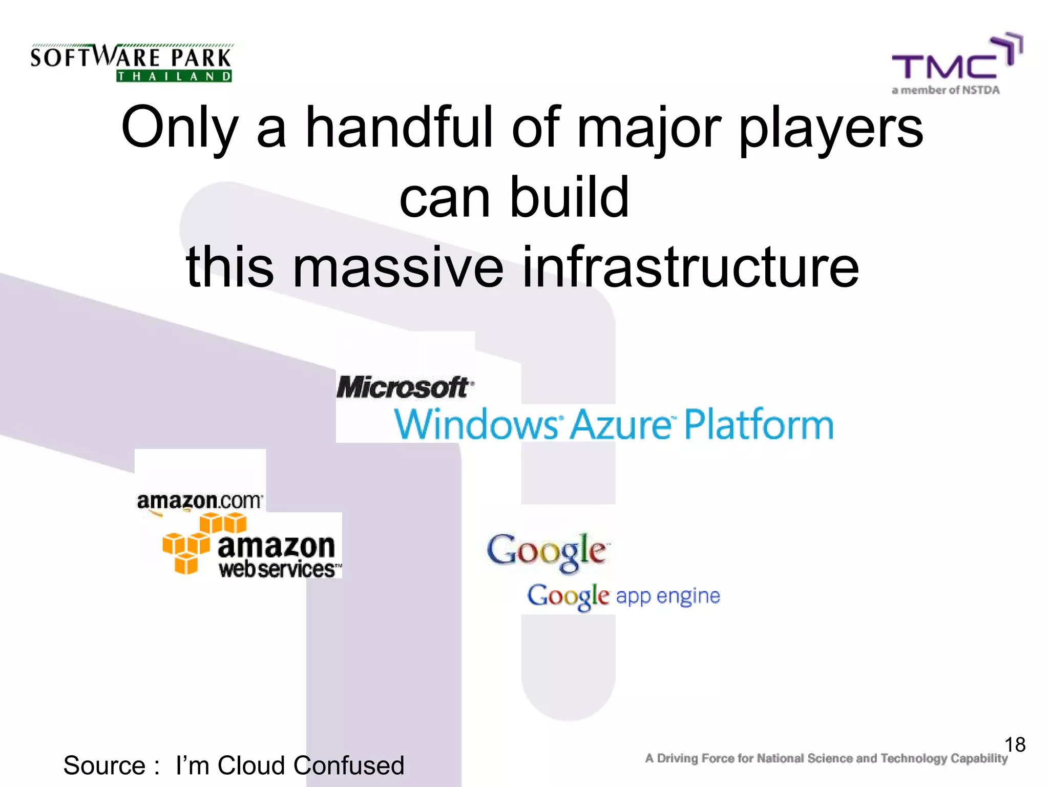 Only a handful of major players
              can build
      this massive infrastructure




                                      18
Source : I’m Cloud Confused
 