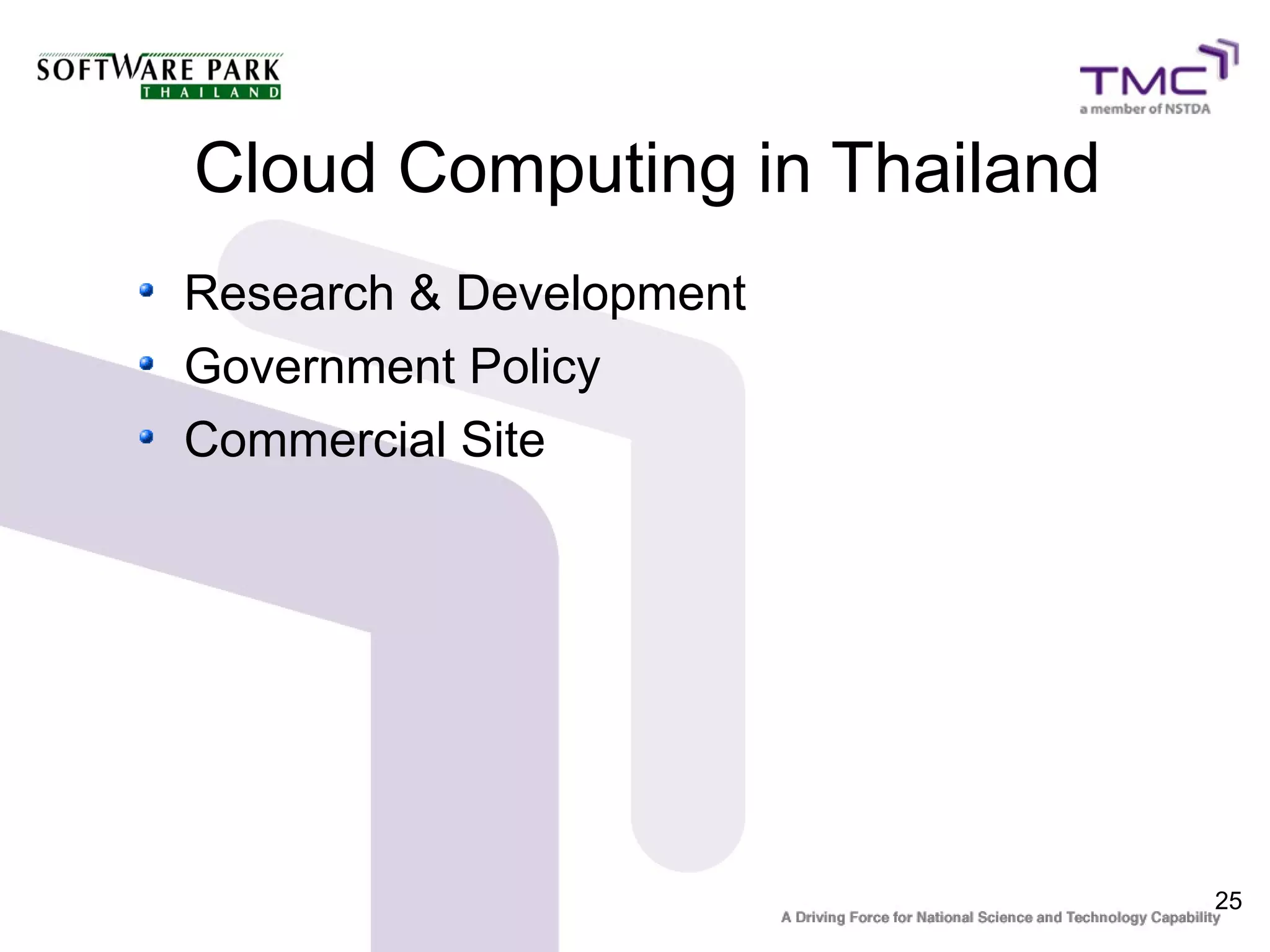 Cloud Computing in Thailand
Research & Development
Government Policy
Commercial Site




                              25
 