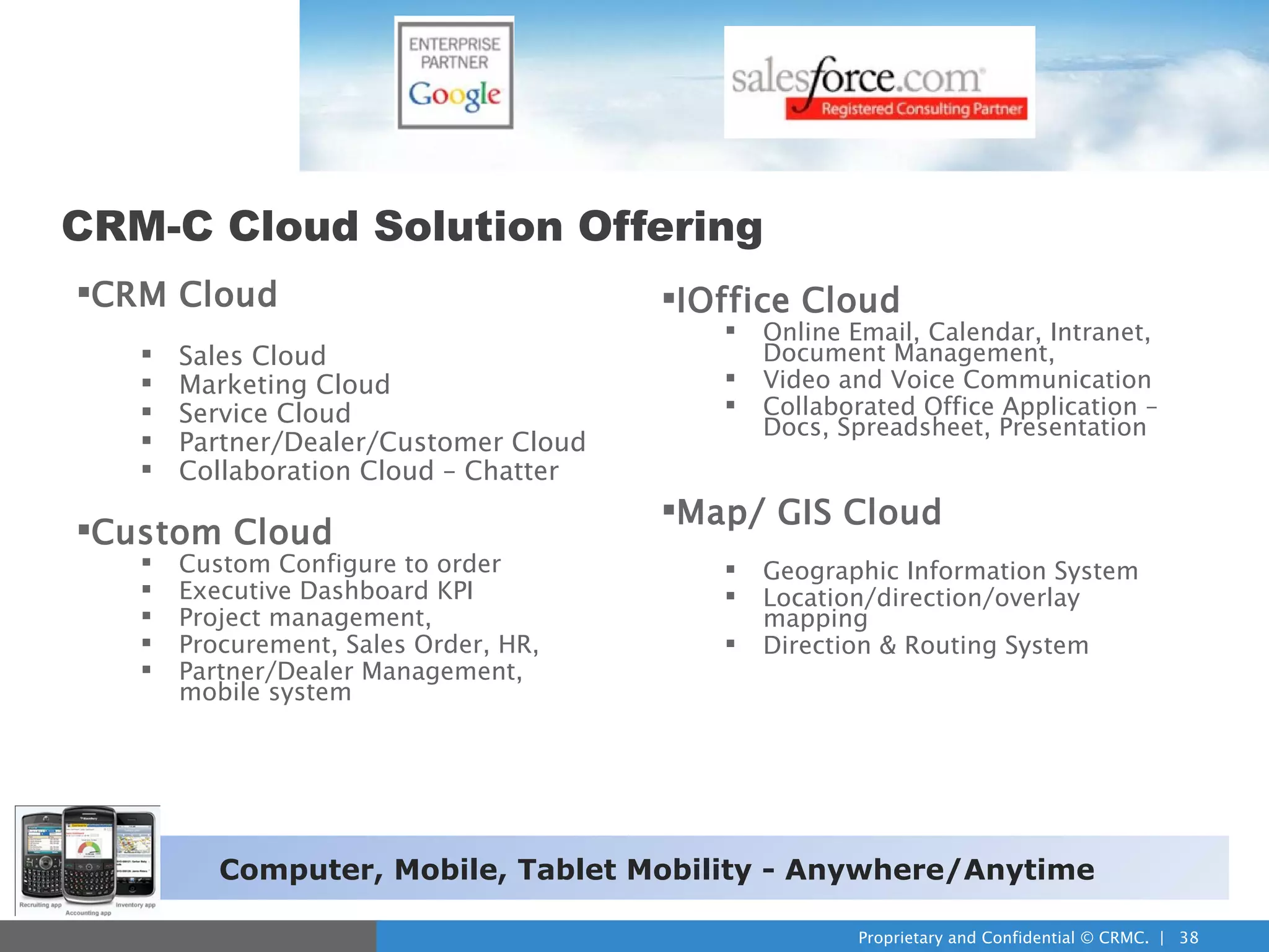 CRM-C Cloud Solution Offering
CRM Cloud                             IOffice Cloud
                                             Online Email, Calendar, Intranet,
      Sales Cloud                            Document Management,
      Marketing Cloud                       Video and Voice Communication
      Service Cloud                         Collaborated Office Application –
                                              Docs, Spreadsheet, Presentation
      Partner/Dealer/Customer Cloud
      Collaboration Cloud – Chatter
                                       Map/ GIS Cloud
Custom Cloud
      Custom Configure to order             Geographic Information System
      Executive Dashboard KPI               Location/direction/overlay
      Project management,                    mapping
      Procurement, Sales Order, HR,         Direction & Routing System
      Partner/Dealer Management,
       mobile system




       Computer, Mobile, Tablet Mobility - Anywhere/Anytime

                                                     Proprietary and Confidential © CRMC. | 38
 
