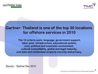 Gartner: Thailand is one of the top 30 locations
         for offshore services in 2010
         The 10 criteria were: language, government support,
            labor pool, infrastructure, educational system,
              cost, political and economic environment,
           cultural compatibility, global and legal maturity,
        and data and intellectual property security and privacy.




Source : Gartner Dec 2010
                                                                   2
 
