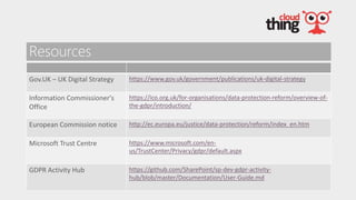 Resources
Gov.UK – UK Digital Strategy https://www.gov.uk/government/publications/uk-digital-strategy
Information Commissioner's
Office
https://ico.org.uk/for-organisations/data-protection-reform/overview-of-
the-gdpr/introduction/
European Commission notice http://ec.europa.eu/justice/data-protection/reform/index_en.htm
Microsoft Trust Centre https://www.microsoft.com/en-
us/TrustCenter/Privacy/gdpr/default.aspx
GDPR Activity Hub https://github.com/SharePoint/sp-dev-gdpr-activity-
hub/blob/master/Documentation/User-Guide.md
 