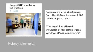 Nobody is Immune…
Ransomware virus attack causes
Barts Health Trust to cancel 2,800
patient appointments.
“The attack had affected
thousands of files on the trust’s
Windows XP operating system”!
 