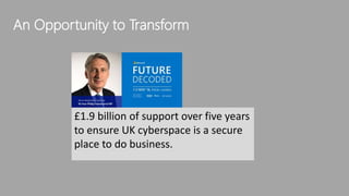 An Opportunity to Transform
£1.9 billion of support over five years
to ensure UK cyberspace is a secure
place to do business.
 