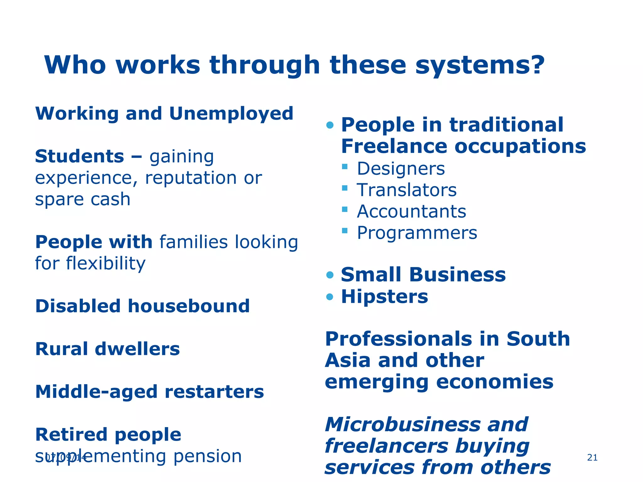 Who works through these systems?
Working and Unemployed
Students – gaining
experience, reputation or
spare cash
People with families looking
for flexibility
Disabled housebound
Rural dwellers
Middle-aged restarters
Retired people
supplementing pension
• People in traditional
Freelance occupations
 Designers
 Translators
 Accountants
 Programmers
• Small Business
• Hipsters
Professionals in South
Asia and other
emerging economies
Microbusiness and
freelancers buying
services from others
2107/09/14
 