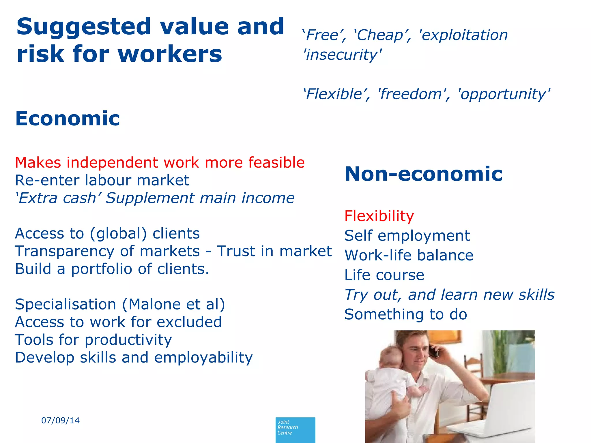 Suggested value and
risk for workers
‘Free’, ‘Cheap’, 'exploitation
'insecurity'
‘Flexible’, 'freedom', 'opportunity'
Non-economic
Flexibility
Self employment
Work-life balance
Life course
Try out, and learn new skills
Something to do
07/09/14
Economic
Makes independent work more feasible
Re-enter labour market
‘Extra cash’ Supplement main income
Access to (global) clients
Transparency of markets - Trust in market
Build a portfolio of clients.
Specialisation (Malone et al)
Access to work for excluded
Tools for productivity
Develop skills and employability
 