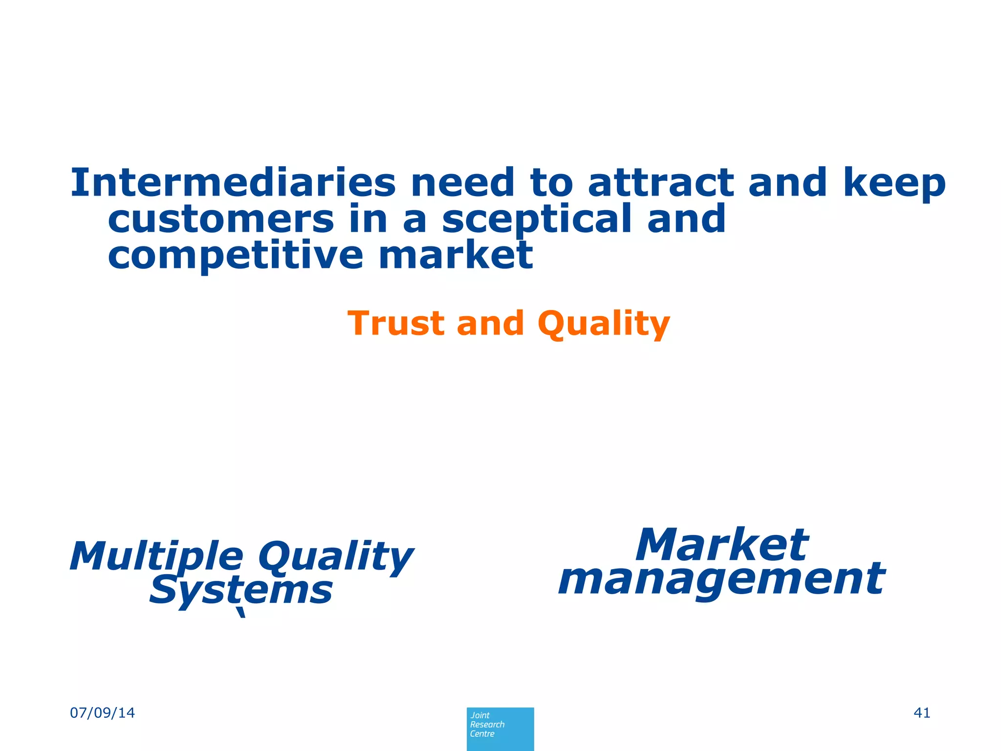 Intermediaries need to attract and keep
customers in a sceptical and
competitive market
Multiple Quality
Systems
‘
Market
management
4107/09/14
Trust and Quality
 