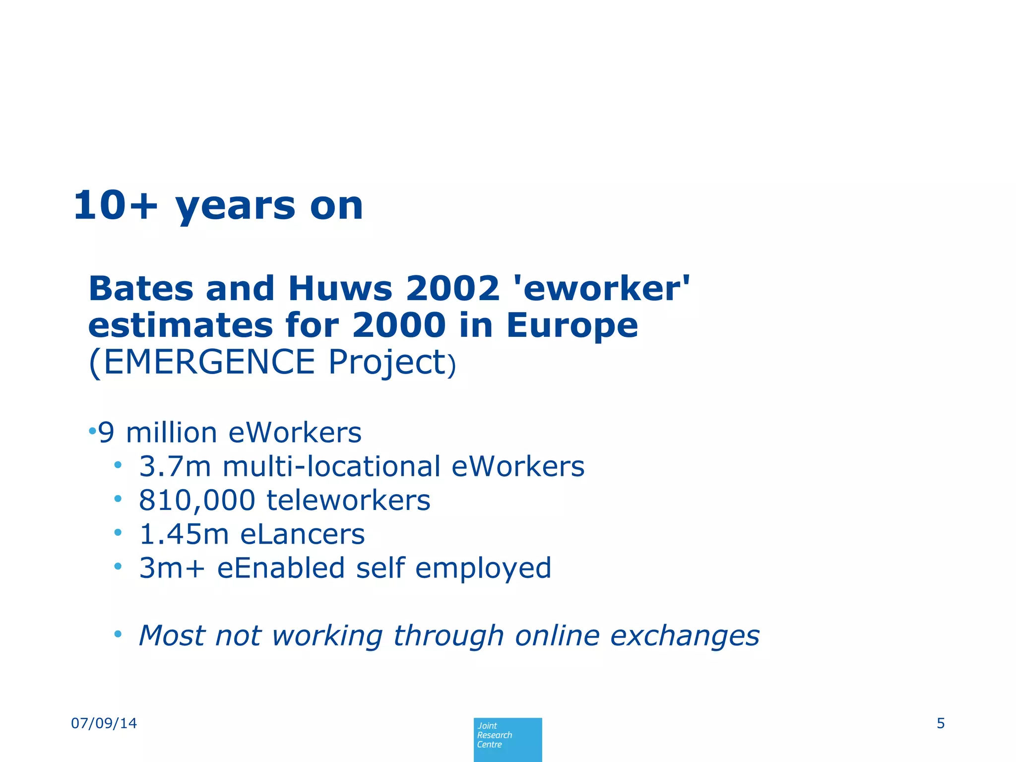10+ years on
Bates and Huws 2002 'eworker'
estimates for 2000 in Europe
(EMERGENCE Project)
•9 million eWorkers
• 3.7m multi-locational eWorkers
• 810,000 teleworkers
• 1.45m eLancers
• 3m+ eEnabled self employed
• Most not working through online exchanges
507/09/14
 