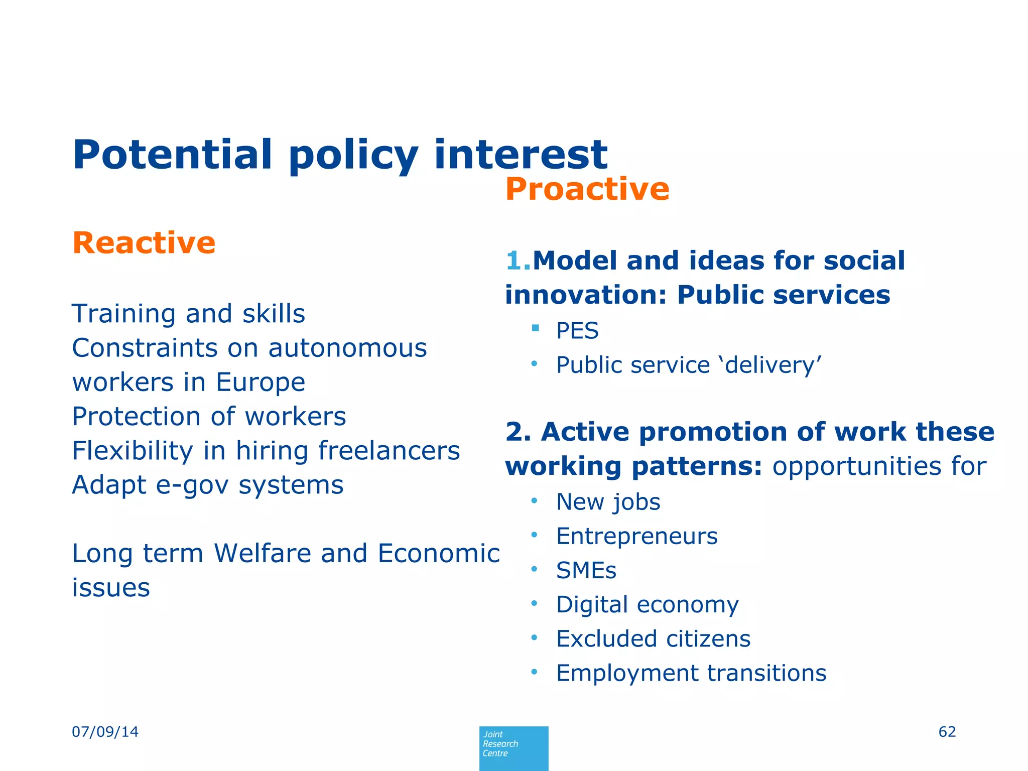 Potential policy interest
Reactive
Training and skills
Constraints on autonomous
workers in Europe
Protection of workers
Flexibility in hiring freelancers
Adapt e-gov systems
Long term Welfare and Economic
issues
Proactive
1.Model and ideas for social
innovation: Public services
 PES
• Public service ‘delivery’
2. Active promotion of work these
working patterns: opportunities for
• New jobs
• Entrepreneurs
• SMEs
• Digital economy
• Excluded citizens
• Employment transitions
6207/09/14
 