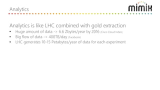 Analytics is like LHC combined with gold extraction
• Huge amount of data -> 6.6 Zbytes/year by 2016 (Cisco Cloud Index)
• Big flow of data -> 400TB/day (Facebook)
• LHC generates 10-15 Petabytes/year of data for each experiment
Analytics
 