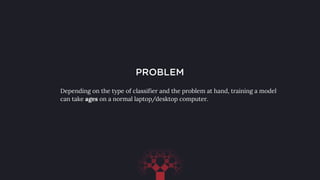 Depending on the type of classifier and the problem at hand, training a model
can take ages on a normal laptop/desktop computer.
PROBLEM
 