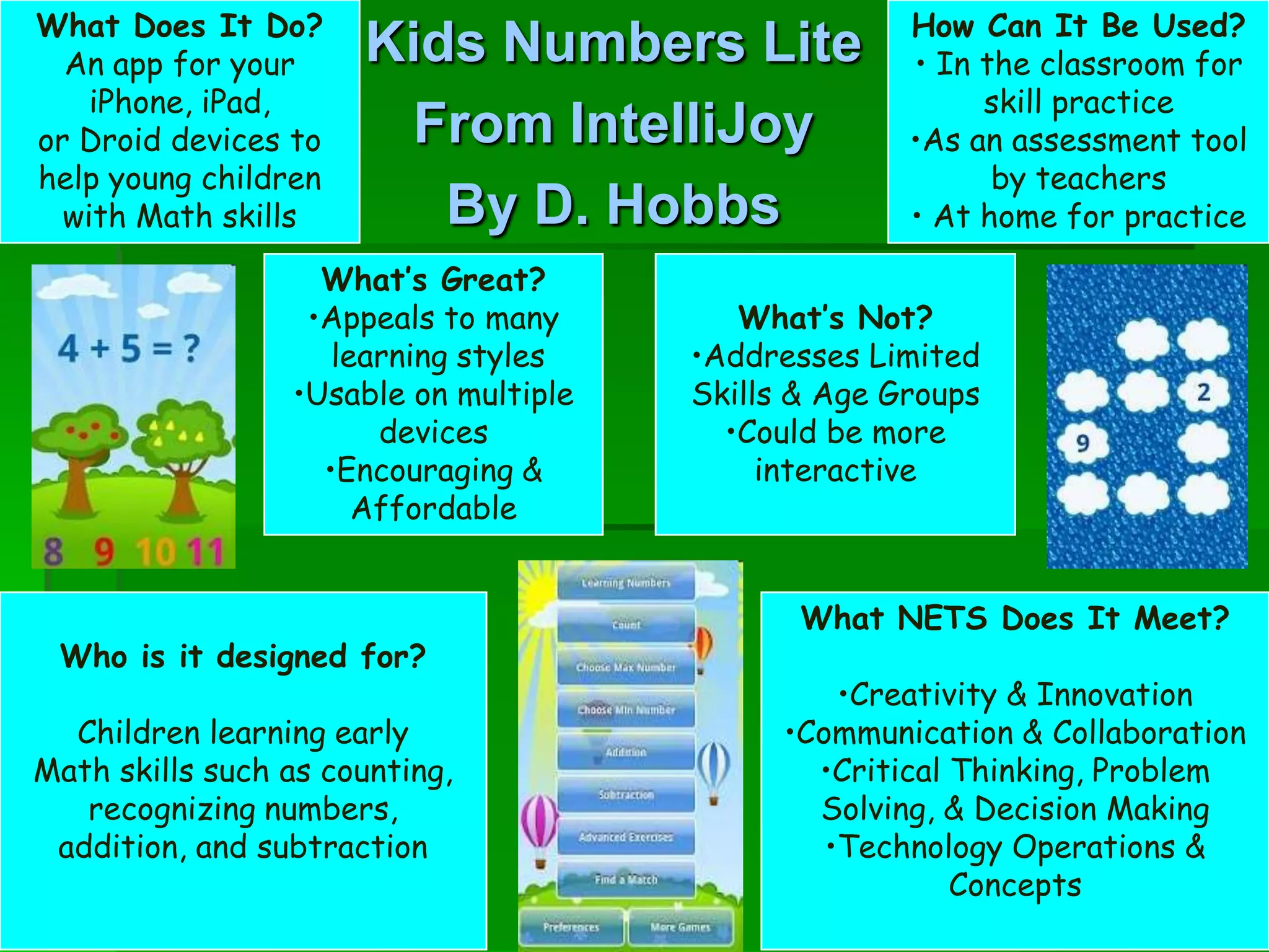 What Does It Do?                                     How Can It Be Used?
  An app for your     Kids Numbers Lite              • In the classroom for
    iPhone, iPad,                                         skill practice
or Droid devices to    From IntelliJoy               •As an assessment tool
help young children                                        by teachers
  with Math skills       By D. Hobbs                 • At home for practice

                   What’s Great?
                  •Appeals to many        What’s Not?
                    learning styles    •Addresses Limited
                 •Usable on multiple   Skills & Age Groups
                       devices           •Could be more
                   •Encouraging &           interactive
                      Affordable


                                              What NETS Does It Meet?
 Who is it designed for?
                                                 •Creativity & Innovation
  Children learning early                    •Communication & Collaboration
Math skills such as counting,                  •Critical Thinking, Problem
   recognizing numbers,                        Solving, & Decision Making
 addition, and subtraction                      •Technology Operations &
                                                         Concepts
 