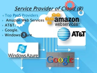  Top PaaS Providers
 Amazon Web Services
 AT&T.
 Google.
 Windows Azure
 