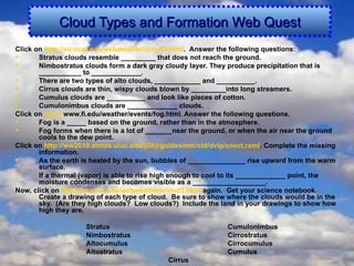 Cloud Types and Formation Web Quest ,[object Object],[object Object],[object Object],[object Object],[object Object],[object Object],[object Object],[object Object],[object Object],[object Object],[object Object],[object Object],[object Object],[object Object],[object Object],[object Object],[object Object],[object Object],[object Object]
