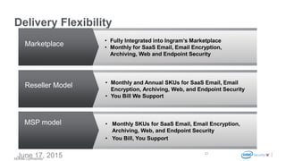 McAfee Confidential
Delivery Flexibility
June 17, 2015 21
Marketplace
• Fully Integrated into Ingram’s Marketplace
• Monthly for SaaS Email, Email Encryption,
Archiving, Web and Endpoint Security
Reseller Model • Monthly and Annual SKUs for SaaS Email, Email
Encryption, Archiving, Web, and Endpoint Security
• You Bill We Support
MSP model • Monthly SKUs for SaaS Email, Email Encryption,
Archiving, Web, and Endpoint Security
• You Bill, You Support
 