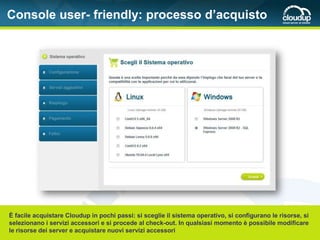 Console user- friendly: processo d’acquisto




È facile acquistare Cloudup in pochi passi: si sceglie il sistema operativo, si configurano le risorse, si
selezionano i servizi accessori e si procede al check-out. In qualsiasi momento è possibile modificare
le risorse dei server e acquistare nuovi servizi accessori
 