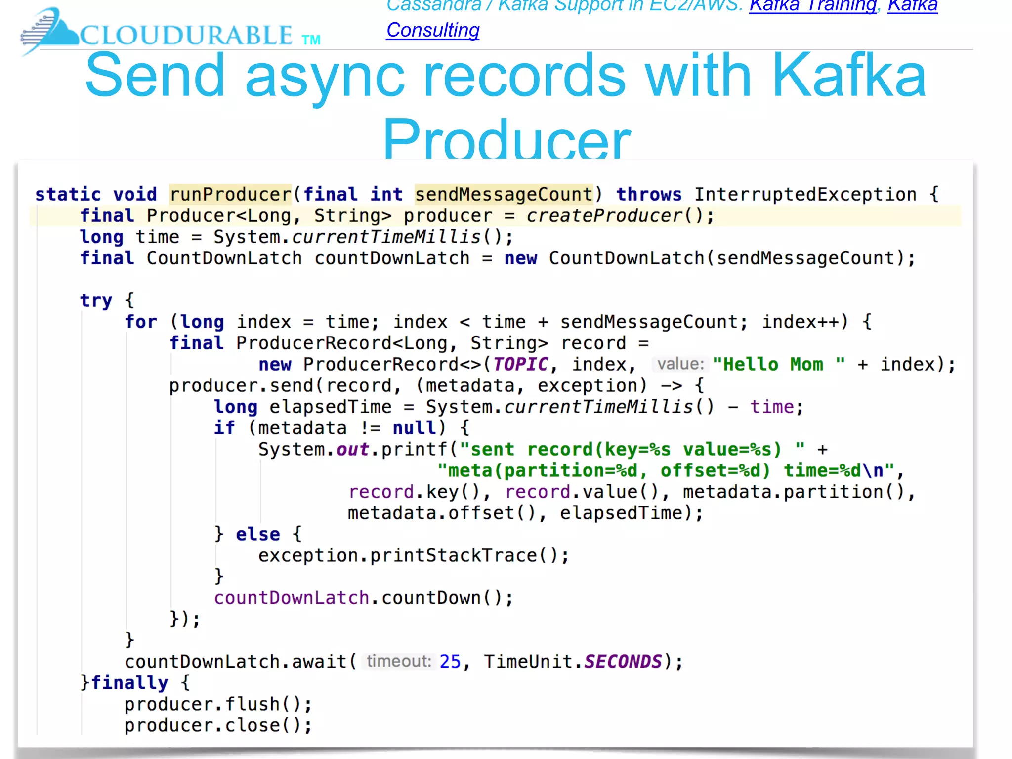Cassandra / Kafka Support in EC2/AWS. Kafka Training, Kafka
Consulting
™
Send async records with Kafka
Producer
 