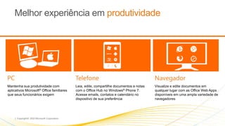 | Copyright© 2010 Microsoft Corporation
Melhor experiência em produtividade
Navegador
Visualize e edite documentos em
qualquer lugar com as Office Web Apps
disponíveis em uma ampla variedade de
navegadores
Telefone
Leia, edite, compartilhe documentos e notas
com o Office Hub no Windows® Phone 7.
Acesse emails, contatos e calendário no
dispositivo de sua preferência
PC
Mantenha sua produtividade com
aplicativos Microsoft® Office familiares
que seus funcionários exigem
 