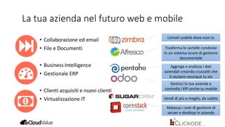 La tua azienda nel futuro web e mobile
• Collaborazione ed email
• File e Documenti
• Business Intelligence
• Gestionale ERP
• Clienti acquisiti e nuovi clienti
• Virtualizzazione IT
L’email usabile dove vuoi tu
Trasforma le cartelle condivise
in un sistema sicuro di gestione
documentale
Aggrega e analizza i dati
aziendali creando cruscotti che
ti aiutano ovunque tu sia
Gestisci la tua azienda e
controlla i KPI anche su mobile
Vendi di più e meglio, da subito
Abbassa i costi di gestione di
server e desktop in azienda
 