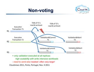 Non-voting

                           K^d!.-!KMh$!         K^d!.-!KFh$!
                         '&#)!`!P'3%&$&%!     '&#)!`!P'3%&$&%!
        A[&:<J.(!
      K'#($#:J.(!KM!
9M!


        A[&:<J.(!                     n#N3)#J.(`B.//3%!          n#N3)#J.(`V;.'%!
      K'#($#:J.(!KF!                          KM!                       KF!
9F!


                                     n#N3)#J.(`B.//3%!           n#N3)#J.(`V;.'%!
                                             KM!                        KF!
9W!
     + only validation executed at all replicas:
         high scalability with write intensive workloads
     - need to send also readset: often very large!
     !
  BN.<)73&P$!FGMM>!*.'%.>!*.'%<#N>!@.7]!U!FGMM!
 