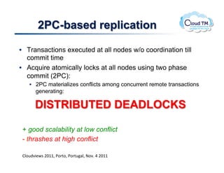 2PC-based replication

•  Transactions executed at all nodes w/o coordination till
   commit time
•  Acquire atomically locks at all nodes using two phase
   commit (2PC):
    •  2PC materializes conflicts among concurrent remote transactions
       generating:

       DISTRIBUTED DEADLOCKS

 + good scalability at low conflict
 - thrashes at high conflict
 !
 BN.<)73&P$!FGMM>!*.'%.>!*.'%<#N>!@.7]!U!FGMM!
 