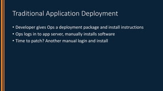 Traditional Application Deployment
• Developer gives Ops a deployment package and install instructions
• Ops logs in to ap...