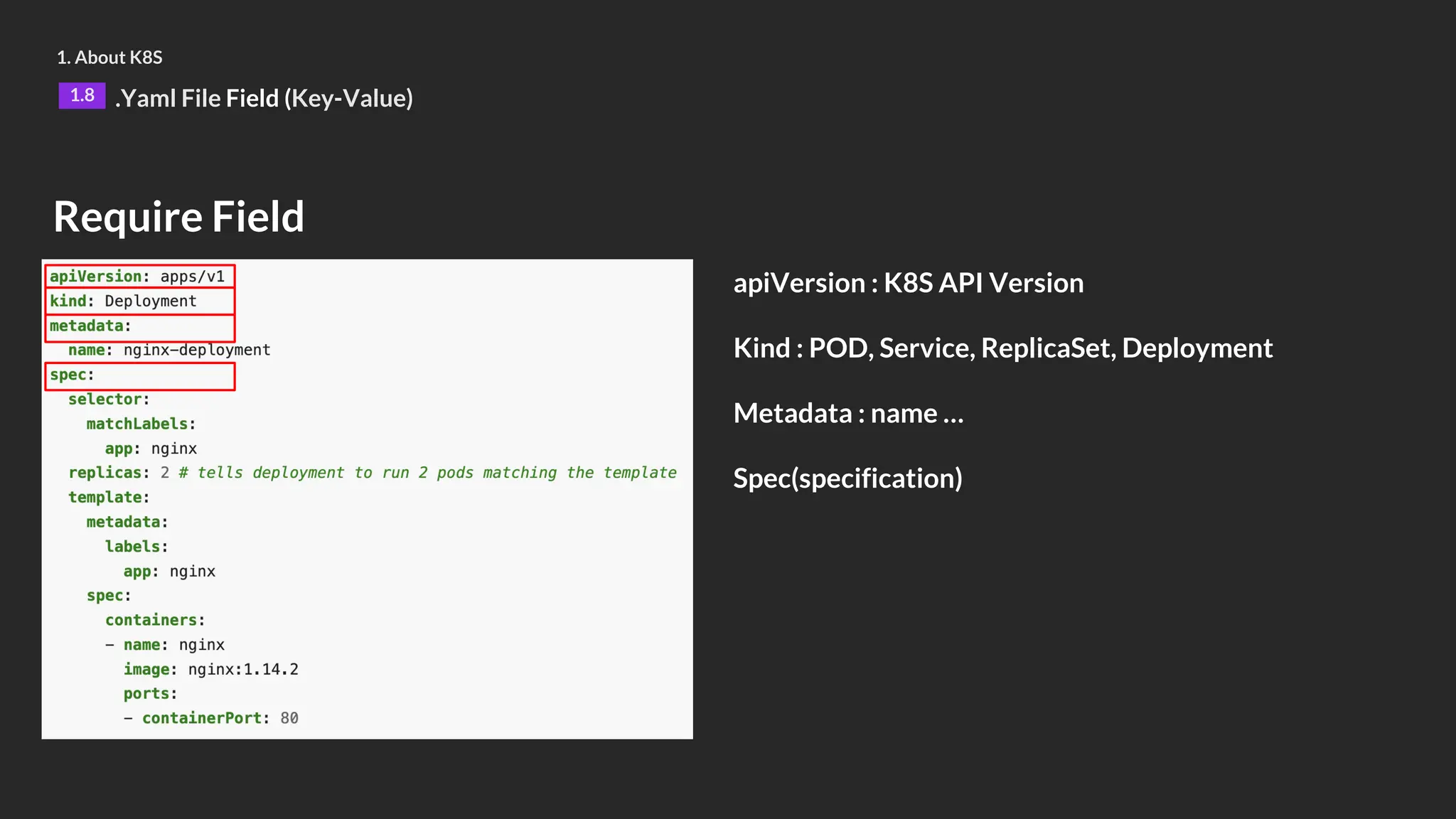 Require Field
apiVersion : K8S API Version
Kind : POD, Service, ReplicaSet, Deployment
Metadata : name …
Spec(specification)
1. About K8S
1.8 .Yaml File Field (Key-Value)
 