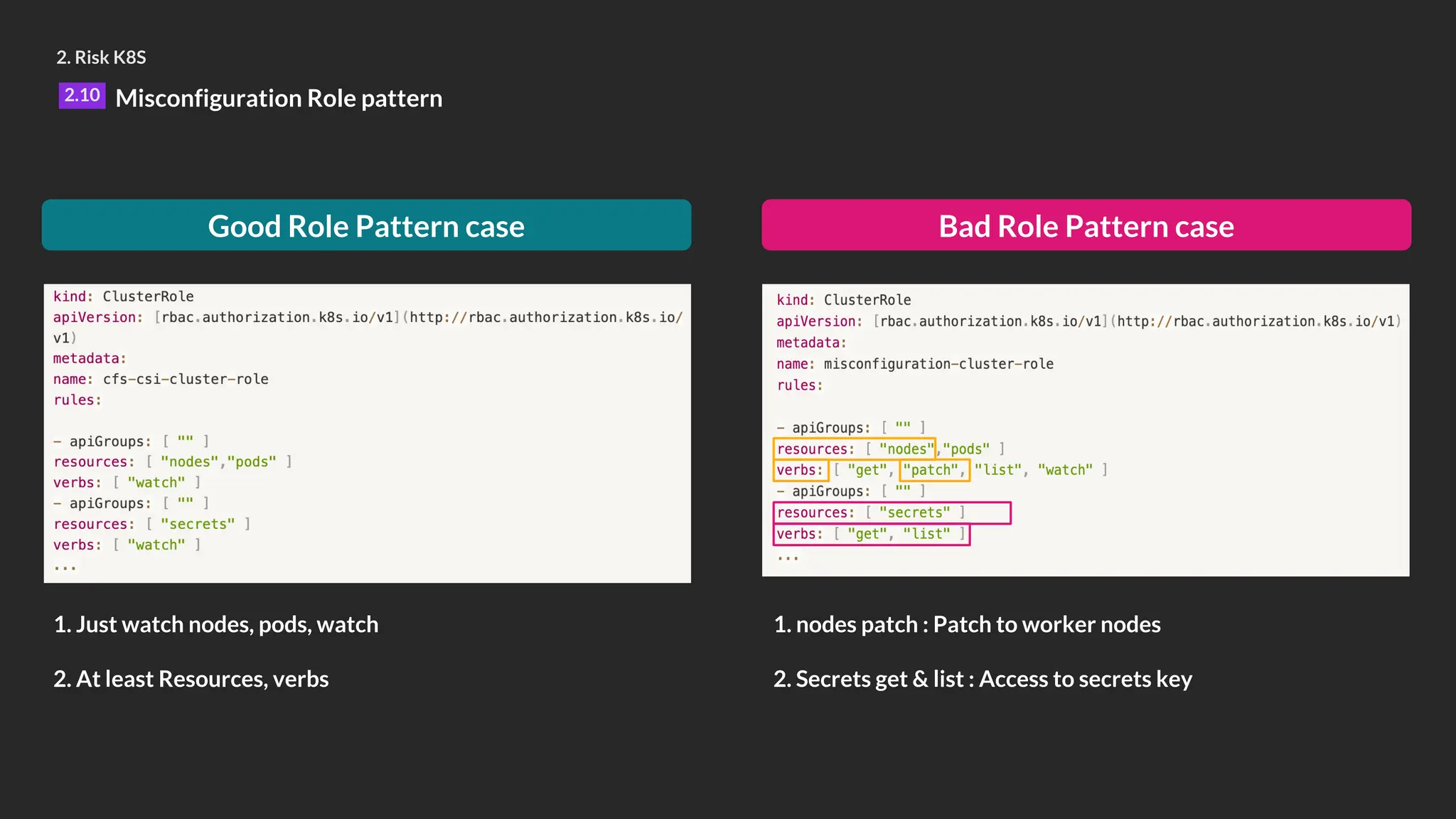 2. Risk K8S
2.10 Misconfiguration Role pattern
1. Just watch nodes, pods, watch
2. At least Resources, verbs
Good Role Pattern case
1. nodes patch : Patch to worker nodes
2. Secrets get & list : Access to secrets key
Bad Role Pattern case
 