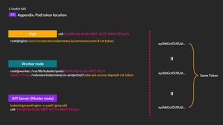 3. Exploit K8S
3.2 Appendix. Pod token location
Pod
root@nginx:/var/run/secrets/kubernetes.io/serviceaccount # cat token
eyJhbGciOiJSUzI…
kubectl get pod nginx -o yaml | grep uid
uid: 54c0818d-0a36-4807-8275-fe8d2791aa2c
API Server (Master node)
root@worker: /var/lib/kubelet/pods/54c0818d-0a36-4807-8275-
fe8d2791aa2c/volumes/kubernetes.io~projected/kube-api-access-t6gmp# cat token
Worker node
uid : 54c0818d-0a36-4807-8275-fe8d2791aa2c
eyJhbGciOiJSUzI…
eyJhbGciOiJSUzI…
=
=
Same Token
 
