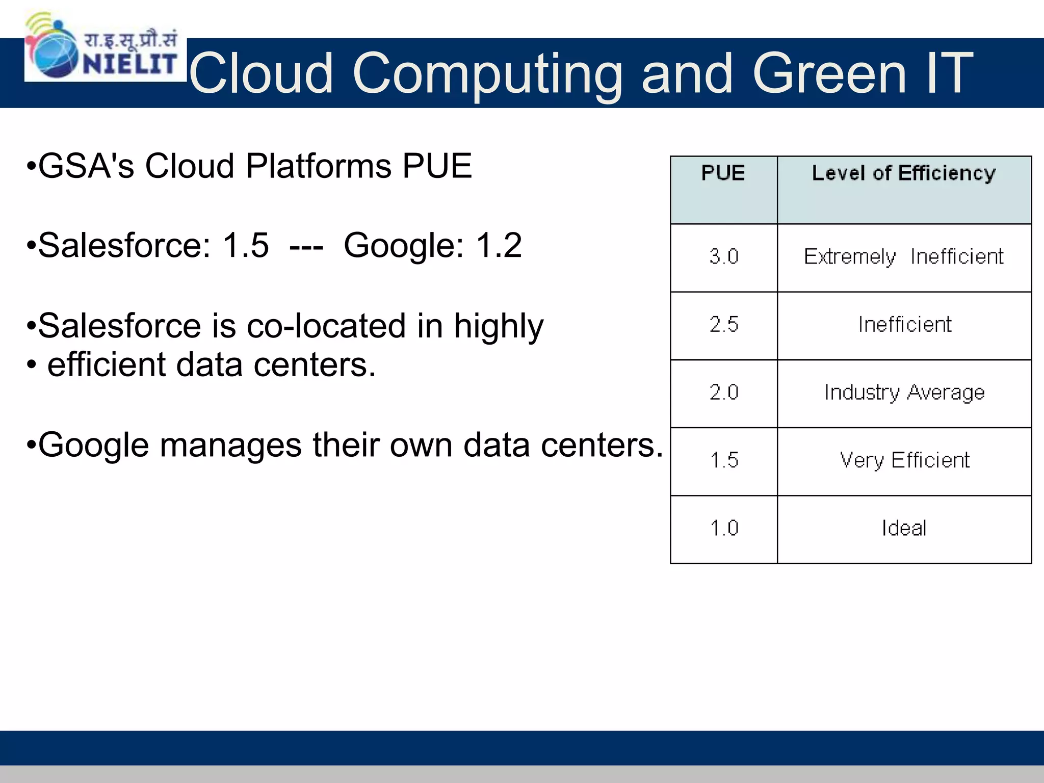 Cloud Computing and Green IT
•GSA's Cloud Platforms PUE
•Salesforce: 1.5 --- Google: 1.2
•Salesforce is co-located in highly
• efficient data centers.
•Google manages their own data centers.
 