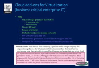 Cloud add-ons for Virtualization (business critical enterprise IT) IaaS Provisioning/IT processes automation  IT resources as utility Fast provisioning SLA on OS level Service orientation Orchestration (server+storage+network) HW unification (not add-on) Effectiveness growth due to resources sharing (not add-on) One point for security/control/disaster recovery (not add-on) 