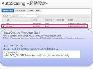 22
AutoScaling –起動設定-
【ECSクラスタ用のAMIを指定】
AMI： amzn-ami-2015.09.e-amazon-ecs-optimized
参考:http://docs.aws.amazon.com/ja_jp/AmazonECS/latest/developerguide/launch_container_instance.html
【ユーザーデータ】
ECSエージェントの設定。ECSクラスタ名を指定する
#!/bin/bash
echo ECS_CLUSTER=docker-build >> /etc/ecs/ecs.config
 