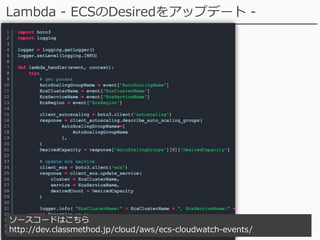 24
Lambda - ECSのDesiredをアップデート -
ソースコードはこちら
http://dev.classmethod.jp/cloud/aws/ecs-cloudwatch-events/
 