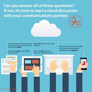 Can you answer all of these questions?
If not, its time to start a cloud discussion
with your communications partner.
How long would it take for my business
to get back up and running if our main
infrastructure failed?
How much revenue would be lost
during that time?
How much time does our IT
Department dedicate to them?
What applications are we running
regularly?
What could our IT Team be working
on if they were not devoted to
upholding those programs?
Visit us at www.wavebcm.com
 