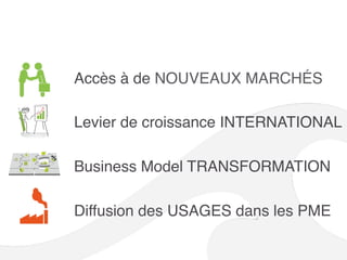 Accès à de NOUVEAUX MARCHÉS
Levier de croissance INTERNATIONAL
Business Model TRANSFORMATION
Diffusion des USAGES dans les PME
 