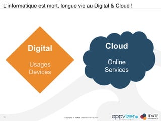Copyright © IDATE / APPVIZER.FR 2015
L’informatique est mort, longue vie au Digital & Cloud !
35
Cloud
Online
Services
Digital
Usages
Devices
 