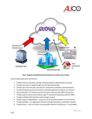 2 | P a g e
V3.0
Fig 1: Imagine consolidating all the Enterprise IT power into a Cloud.
Cloud computing was born primarily to:
• Provide resources (compute, storage, networks) based on-demand (pay as you go)
• Provide users ease of usage through user-friendly web interface
• Provide users free from pain and risks of IT investment, installation, and maintenance
• Provide developers quick environments to develop applications without an in-house IT
• Avoid replication of IT infrastructure for the same enterprise with different branches
• Provide superior performance without huge IT investments (especially useful for SME)
• Provide scalability when business needs changes or grow
• Provide location independence – resources can be accessed anywhere via the internet
• Provide reliability – no single point of failures through redundancy and disaster recovery
• Provide choice – users can chose a cloud provider based on its preference – no monopoly
 