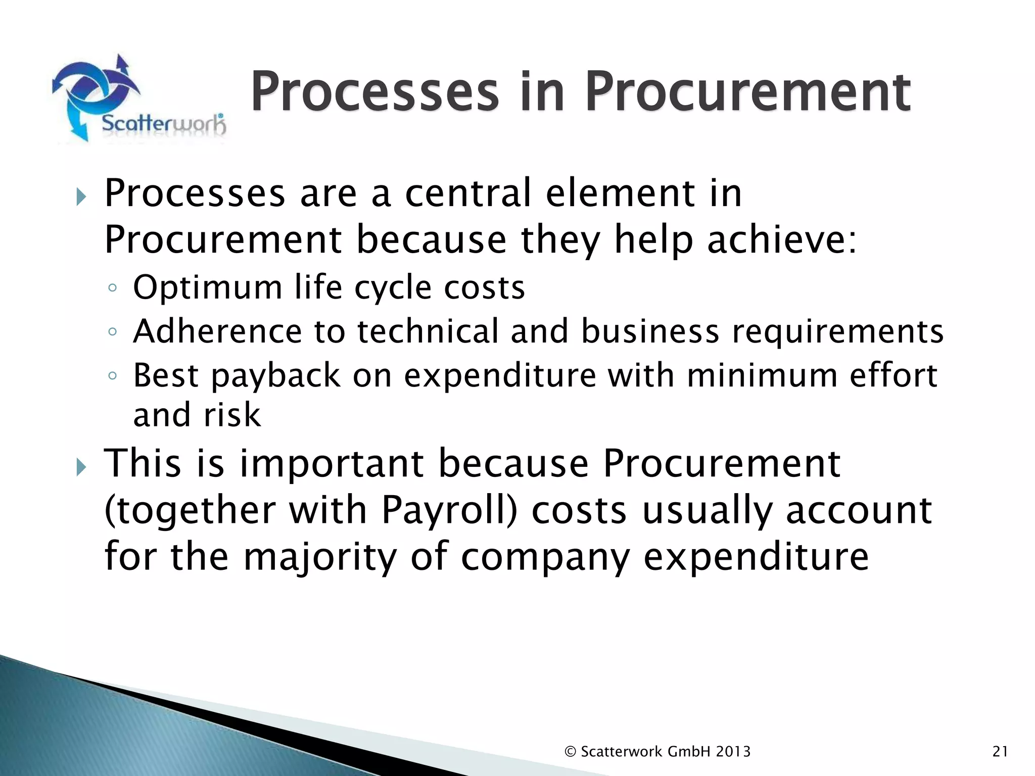 Processes in Procurement
 Processes are a central element in
Procurement because they help achieve:
◦ Optimum life cycle costs
◦ Adherence to technical and business requirements
◦ Best payback on expenditure with minimum effort
and risk
 This is important because Procurement
(together with Payroll) costs usually account
for the majority of company expenditure
21
© Scatterwork GmbH 2013
 