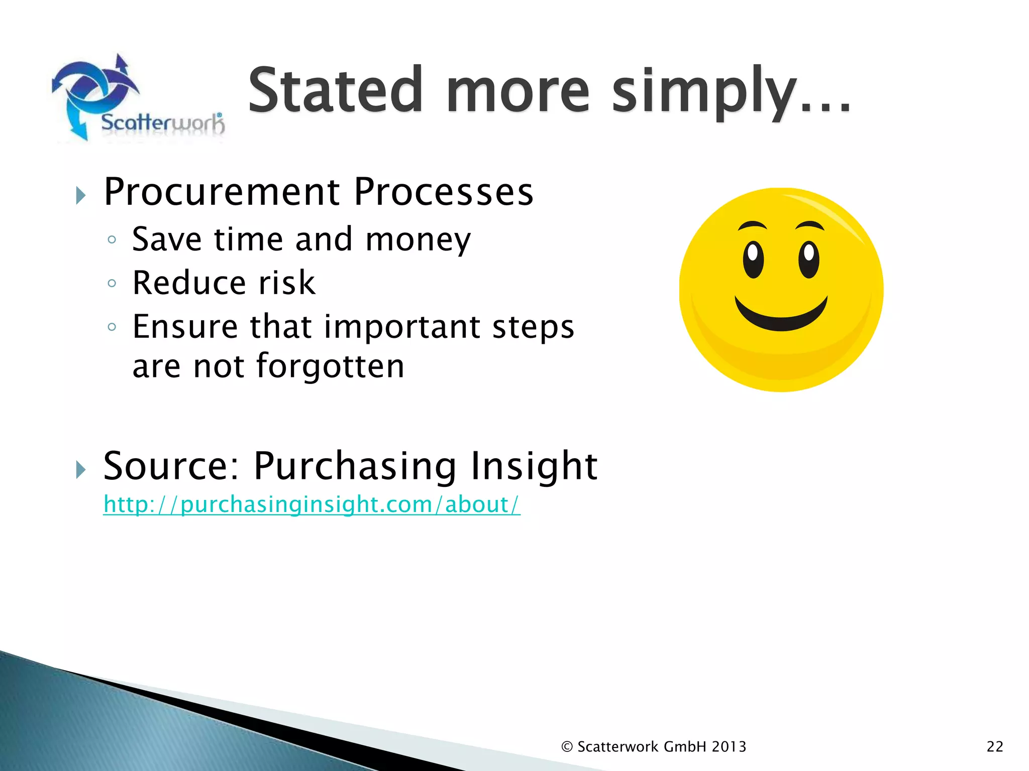 Stated more simply…
 Procurement Processes
◦ Save time and money
◦ Reduce risk
◦ Ensure that important steps
are not forgotten
 Source: Purchasing Insight
http://purchasinginsight.com/about/
22
© Scatterwork GmbH 2013
 