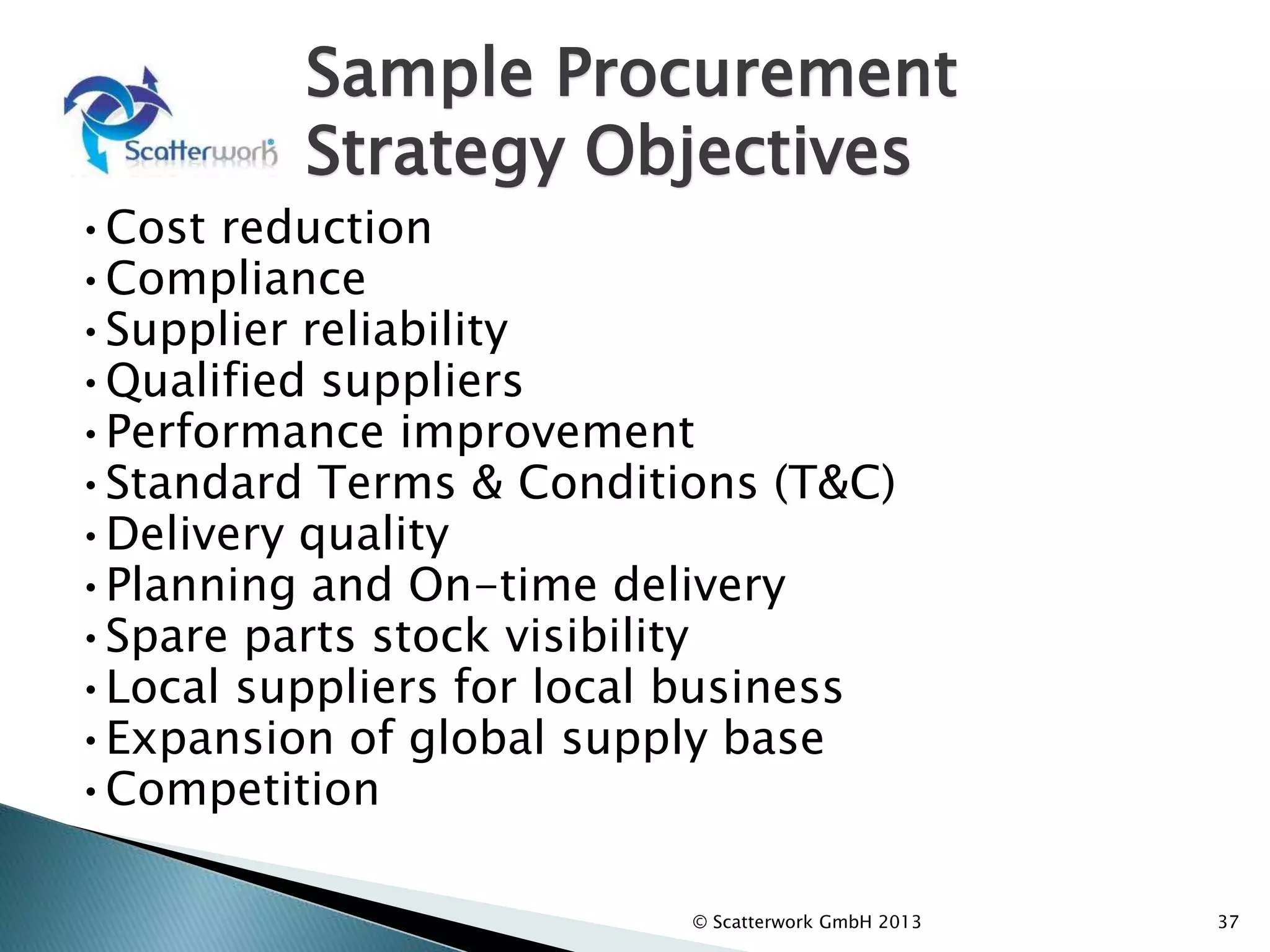 Sample Procurement
Strategy Objectives
•Cost reduction
•Compliance
•Supplier reliability
•Qualified suppliers
•Performance improvement
•Standard Terms & Conditions (T&C)
•Delivery quality
•Planning and On-time delivery
•Spare parts stock visibility
•Local suppliers for local business
•Expansion of global supply base
•Competition
© Scatterwork GmbH 2013 37
 