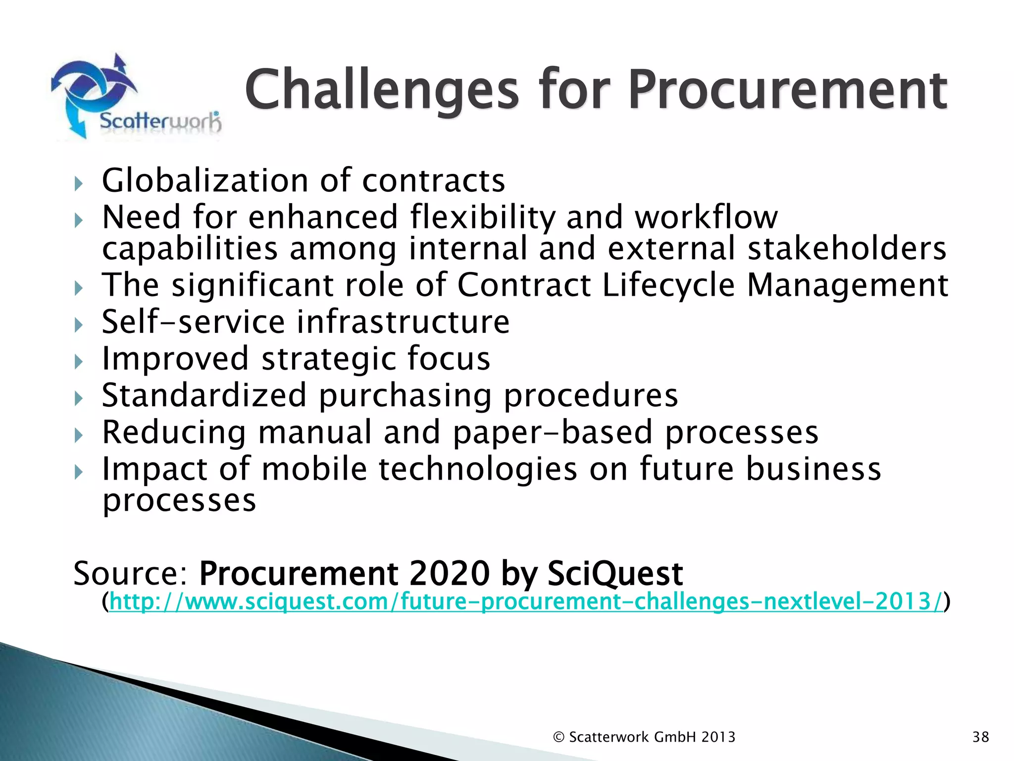 Challenges for Procurement
 Globalization of contracts
 Need for enhanced flexibility and workflow
capabilities among internal and external stakeholders
 The significant role of Contract Lifecycle Management
 Self-service infrastructure
 Improved strategic focus
 Standardized purchasing procedures
 Reducing manual and paper-based processes
 Impact of mobile technologies on future business
processes
Source: Procurement 2020 by SciQuest
(http://www.sciquest.com/future-procurement-challenges-nextlevel-2013/)
© Scatterwork GmbH 2013 38
 