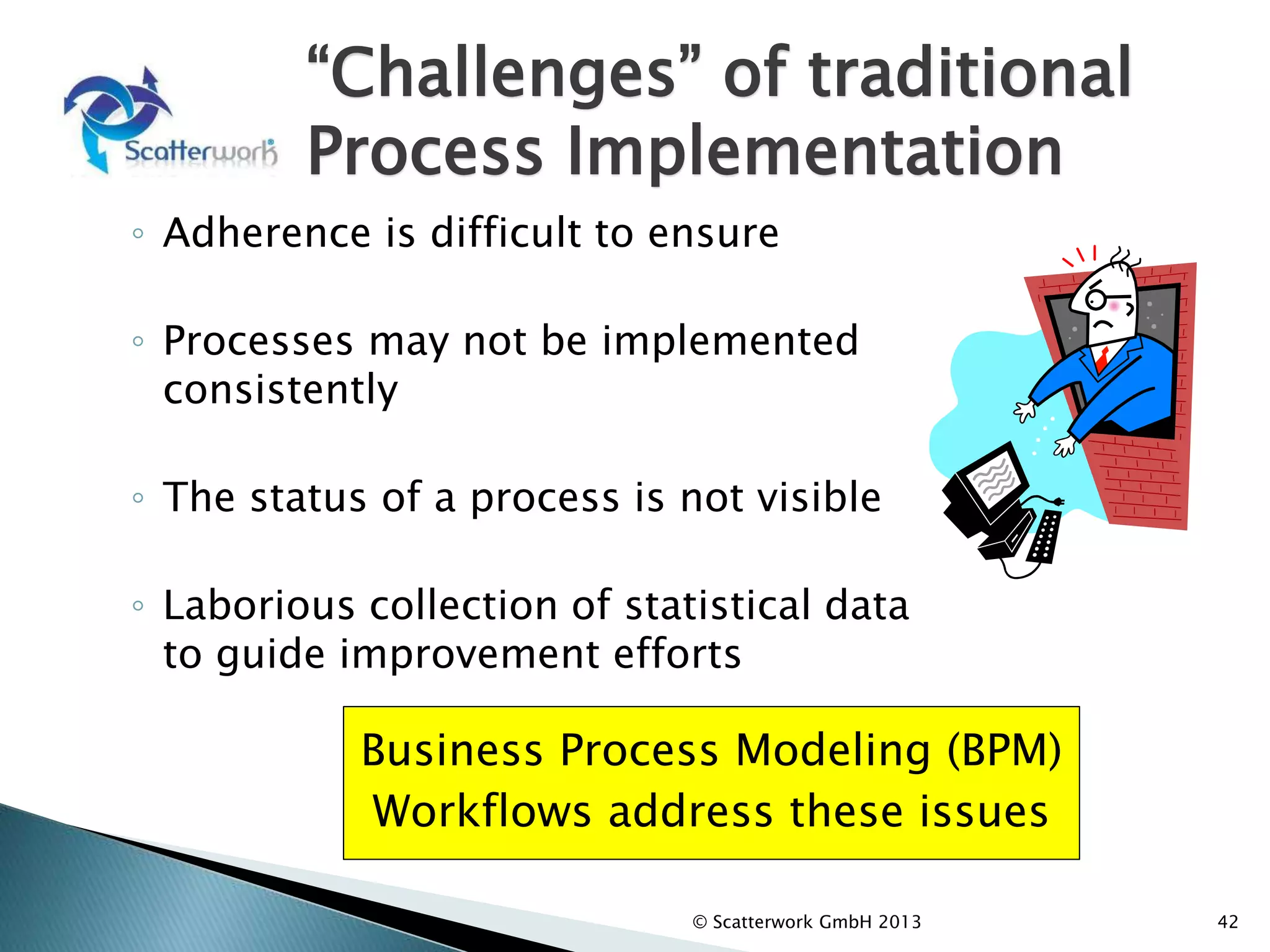 “Challenges” of traditional
Process Implementation
◦ Adherence is difficult to ensure
◦ Processes may not be implemented
consistently
◦ The status of a process is not visible
◦ Laborious collection of statistical data
to guide improvement efforts
42
© Scatterwork GmbH 2013
Business Process Modeling (BPM)
Workflows address these issues
 