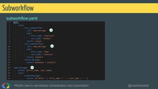 subworkflow.yaml
Subworkﬂow
What's new in serverless orchestration and automation @martonkodok
call
call
def
 