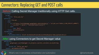 Before: Calling Secret Manager traditionally using HTTP Get calls.
Connectors: Replacing GET and POST calls
What's new in serverless orchestration and automation @martonkodok
After: using Connectors to get Secret Manager value
 