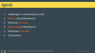 1. Challenges in connecting services
2. What is Cloud Workflows?
3. Practical use cases
4. What’s new in Workflows?
5. Advanced examples
6. Conclusions
Agenda
What's new in serverless orchestration and automation @martonkodok
 