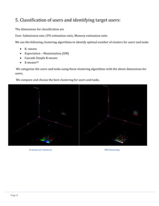 Page 8
5. Classification of users and identifying target users:
The dimensions for classification are
User: Submission rate, CPU estimation ratio, Memory estimation ratio
We use the following clustering algorithms to identify optimal number of clusters for users and tasks
 K- means
 Expectation – Maximization (EM)
 Cascade Simple K-means
 X-means[2]
We categorize the users and tasks using these clustering algorithms with the above dimensions for
users.
We compare and choose the best clustering for users and tasks.
K-means (4 clusters) EM Clustering
 
