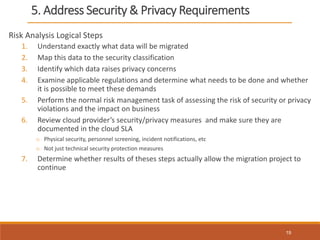 5. Address Security & Privacy Requirements
Risk Analysis Logical Steps
1. Understand exactly what data will be migrated
2. Map this data to the security classification
3. Identify which data raises privacy concerns
4. Examine applicable regulations and determine what needs to be done and whether
it is possible to meet these demands
5. Perform the normal risk management task of assessing the risk of security or privacy
violations and the impact on business
6. Review cloud provider’s security/privacy measures and make sure they are
documented in the cloud SLA
o Physical security, personnel screening, incident notifications, etc
o Not just technical security protection measures
7. Determine whether results of theses steps actually allow the migration project to
continue
19
 