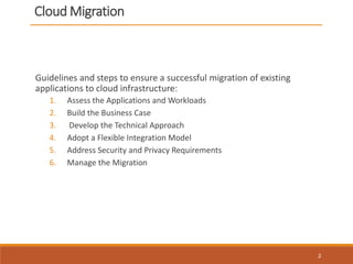Cloud Migration
Guidelines and steps to ensure a successful migration of existing
applications to cloud infrastructure:
1. Assess the Applications and Workloads
2. Build the Business Case
3. Develop the Technical Approach
4. Adopt a Flexible Integration Model
5. Address Security and Privacy Requirements
6. Manage the Migration
2
 