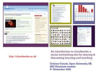 An introduction to cloudworks: a social networking site for sharing & discussing learning and teaching  Gráinne Conole, Open University, UK JISC Eluminate session 4 th  November 2009 http://cloudworks.ac.uk 