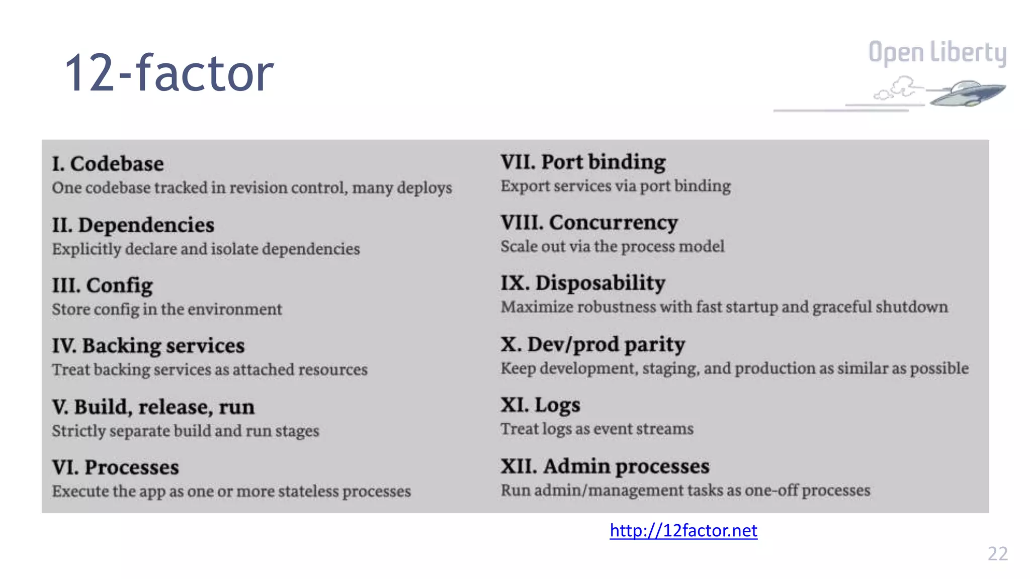 22
12-factor
http://12factor.net
 